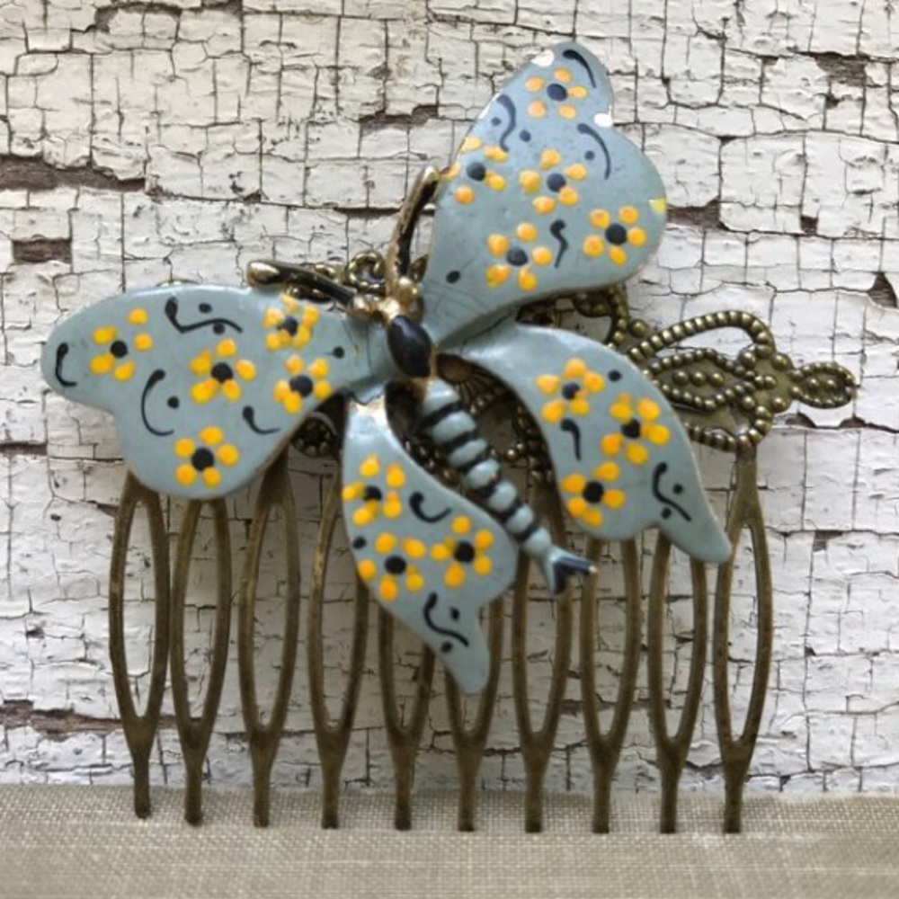 Bohemian Vintage Butterfly Collage Hair Comb OOAK